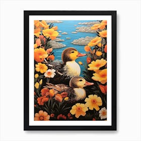 Ducklings With The Flowers Japanese Woodblock Style 1 Art Print