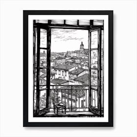 A Window View Of Florence In The Style Of Black And White  Line Art 3 Art Print