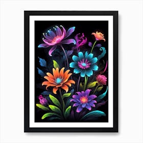 Colorful Flowers On Black Background Art Print