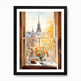 Window View Of Copenhagen Denmark In Autumn Fall, Watercolour 2 Art Print