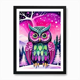 Pink Owl Snowy Landscape Painting (71) Art Print