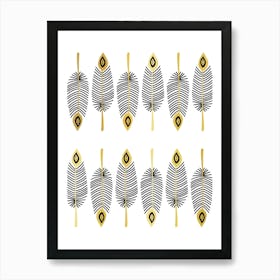 Rows Of Western Boho Feathers - Black, White, and Gold Art Print