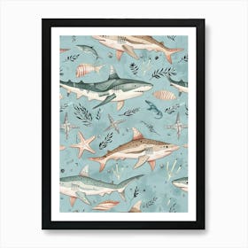 Pastel Blue Dogfish Shark Watercolour Seascape Pattern 2 Art Print