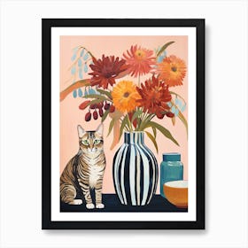 Protea Flower Vase And A Cat, A Painting In The Style Of Matisse 0 Art Print