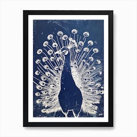 Dark Navy Peacock Linocut Inspired Art Print