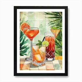 Mai Tai Illustration With Tropical Leaves In The Background Art Print