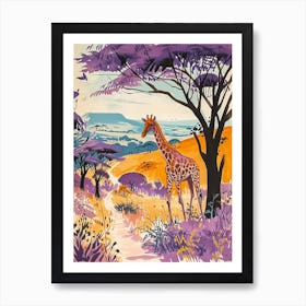 Lilac Giraffe Watercolour Inspired Illustration Under The Acacia Tree 1 Art Print