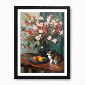 Flower Vase Apples Blossom With A Cat 2 Impressionism, Cezanne Style Art Print