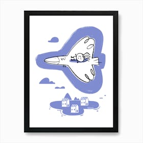 Girl and bird flying over the city Art Print