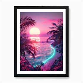 Synthwave Sunset At The Beach 3 Art Print