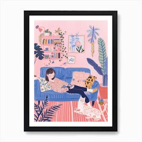 Girl In The Sofa With Pets Tv Lo Fi Kawaii Illustration 1 Art Print