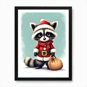 Raccoon Dressed In A Santa Suit, Complete With A Bag Of Toys And A Mischievous Twinkle In Its Eye Art Print