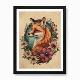 Amazing Red Fox With Flowers 20 Art Print