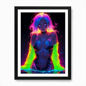 Cute anime girl lounges in a neon-lit pool — a cyberpunk dream where beauty meets vibrant colors and sexy allure. Art Print