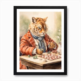 Tiger Illustration Playing Chess Watercolour 4 Art Print