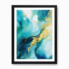 Blue, Green, Gold Flow Asbtract Painting 2 Art Print