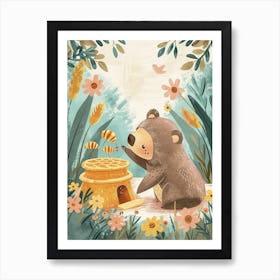 Sloth Bear Cub Playing With A Beehive Storybook Illustration 3 Art Print