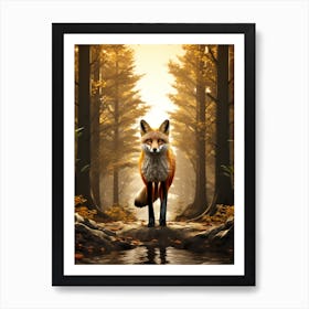 Fox Walking Through A Forest Realism Illustration 2 Art Print