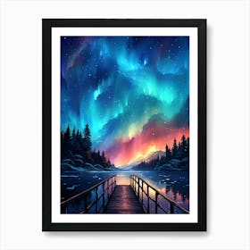 Aurora Borealis above Lake and Trees Art Print