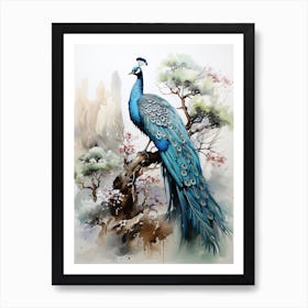 Peacock, Japanese Brush Painting, Ukiyo E, Minimal 6 Art Print