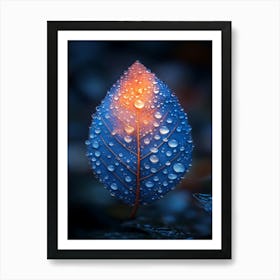 Blue Leaf With Water Droplets 2 Art Print