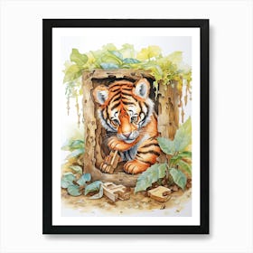 Tiger Illustration Solving Puzzles Watercolour 1 Art Print