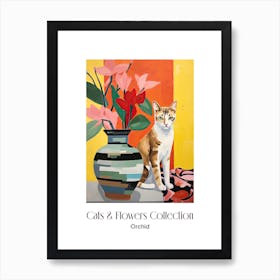 Cats & Flowers Collection Orchid Flower Vase And A Cat, A Painting In The Style Of Matisse 2 Art Print