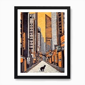 Painting Of Dubai United Arab Emirates With A Cat In The Style Of Line Art 4 Art Print
