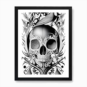 Skull With Bird Motifs Black And White 1 Line Drawing Art Print