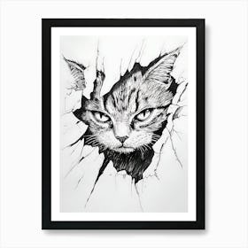 Angry Cat Watching from Wall Hole 8 Art Print