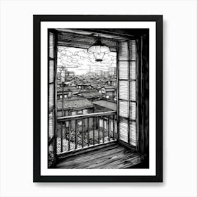 A Window View Of Tokyo In The Style Of Black And White  Line Art 1 Art Print