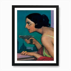 Woman With A Gun, Dark, Moody Vintage Woman Portrait Art Print