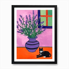 A Painting Of A Still Life Of A Lavender With A Cat In The Style Of Matisse 1 Art Print