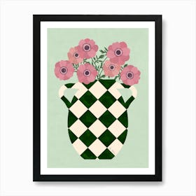 Peonies Pink And Green Checkered Vase Art Print