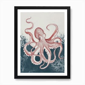 Red Octopus Linocut On The Ocean Floor Linocut Inspired 3 Art Print