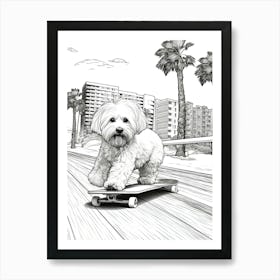 Havanese Dog Skateboarding Line Art 1 Art Print