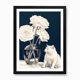 Drawing Of A Still Life Of Lisianthus With A Cat 2 Art Print
