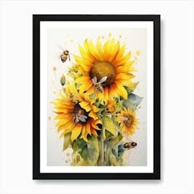 Beehive With Sunflower Watercolour Illustration 3 Art Print