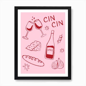 Girl Dinner. Cheese and Wine in Red and Pink Art Print