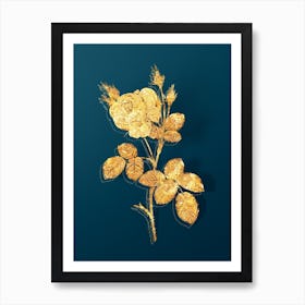 Vintage White Misty Rose Botanical in Gold on Teal Blue Art Print
