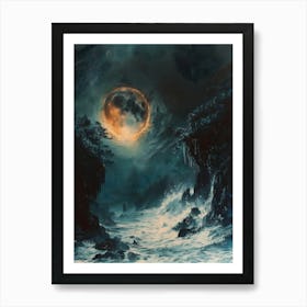 Full Moon Over The Ocean Bichromatic, Surrealism, Impressionism Art Print