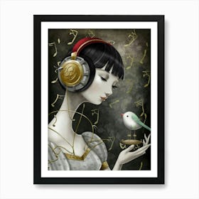 Girl With Headphones And A Bird 1 Art Print