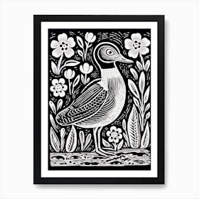 B&W Bird Linocut Duck 3 Art Print