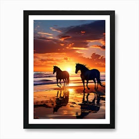 Horses On The Beach At Sunset Art Print