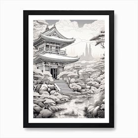 Hachijo Jima In Tokyo, Ukiyo E Black And White Line Art Drawing 1 Art Print