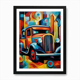 Vintage Old Truck I, Abstract Vibrant Colorful Painting in Cubism Style Art Print