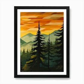 Green Sun Forest Mountain Painting Triptych 3 Art Print