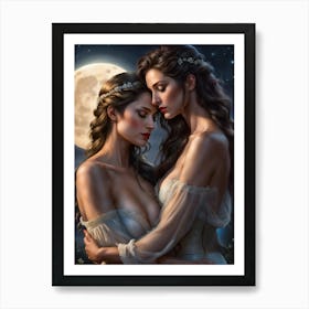 Two Women Hugging In The Moonlight Art Print