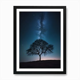 Lone Tree In The Night Sky, dawn across milky way Art Print