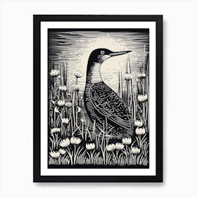 B&W Bird Linocut Loon 3 Art Print